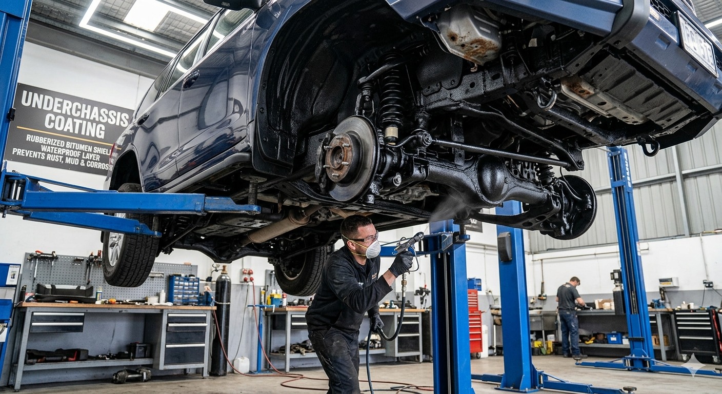 Car underchassis being inspected and coated