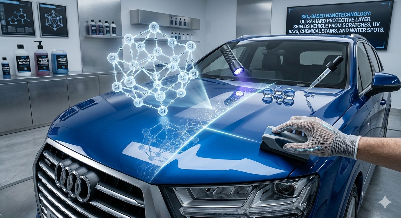 Ceramic coating being applied to a black car